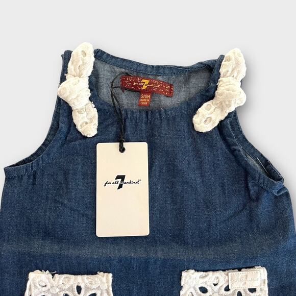 NWT 7 For All Mankind Infant Denim Romper 1Pc Lace Collar Pocket Sz 3mos - Picture 2 of 3